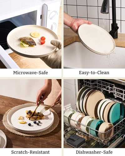 Image of Famiware Stoneware Dinnerware Sets for 8, 24pc Rimmed Plates, Bowls, Dishes | Chip & Scratch Resistant Ceramic, Microwave & Dishwasher Safe, Everyday & Formal Use, Modern Rustic, Lipped Edges, Oat White