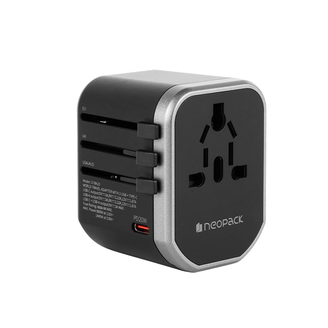 Neopack World Travel 20W Adapter with 1 x USB-C + USB-A Ports and 60W C to C Nylon Braided Cable 1.5M All in One Worldwide Adapter for for USA, EU, UK, AUS (Black & Grey)-image-30
