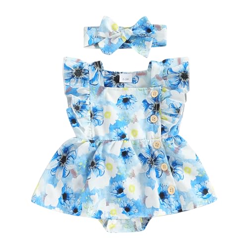 Image of Madjtlqy Toddler Baby Girl Summer Clothes Ruffled Sleeves Solid Color Flower Romper Dress Newborn Outfits with Headband