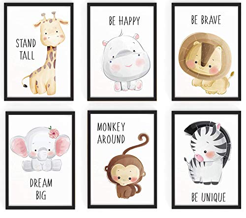 WIETRE Lot de 6 tableaux décoratifs pour chambre d'enfant Motif animaux de la forêt Format A4 - Animaux de la forêt - Safari Afrique - Animaux de l'Afrique - Décoration d'animaux (avec cadre noir) Cover