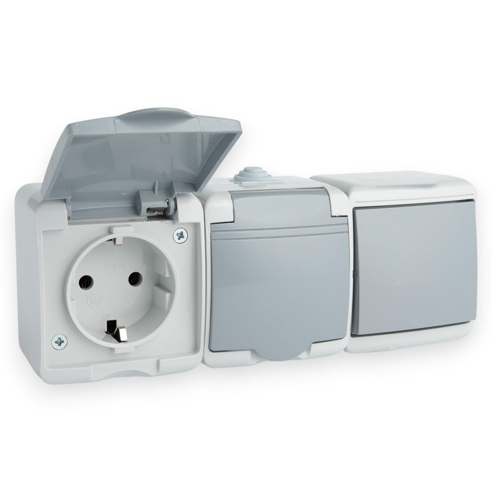 Enchufe de pared con 2 compartimentos con tapa e interruptor de luz, IP44, 230 V, 16 A, interruptor basculante, interruptor basculante horizontal, a prueba de polvo, para