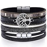 35th Anniversary Gift 14 Desimtion Black Wrap Leather Bracelets for Women Boho Layered Stacking Wide Buckle Family Tree of Life Bracelets for Women Mom Teen Girls Grandma
