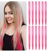 Fcysws 12 Stück 55cm Rosa Haarsträhnen Farbige Haarverlängerungen Clip in/on für Mädchen und Frau...