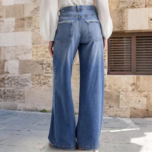 Wide Leg Jeans for Women Mid Waist Baggy Stitch Decor Denim Washed Pants Without Belt2