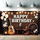 Starlit Patio Western Cowboy Birthday Backdrop Country Music Birthday Decorations Banner Rustic Wood Wall Background for Adults Men Women Party Supplies Cowboy Party Banner Photo Props 71 x 43 Inch