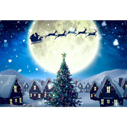 SDOTPMT 7x5ft Christmas Eve Polyester Backdrop Merry Christmas Photography Background Snow Winter Moon Night Santa Claus Sleigh Elk Forest Happy New Year Party Banner Kids Adult Photo Studio Props - Image 4