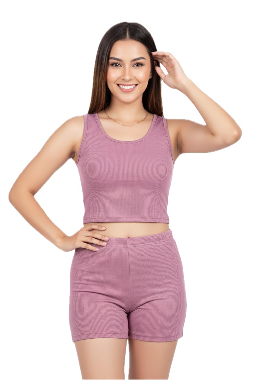 nuno Women's Stylist and Stretchable Ribbed Crop Top and Shorts Co-ord Set, Sleeveless Round neck | Available in Peach, Green, Pink and Onion colors-picture-55