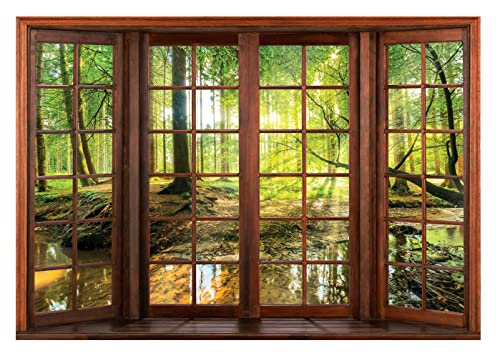 WallArena - Vlies Fototapete Fenster mit Aussicht Wald Sonne Bach Ausblick...