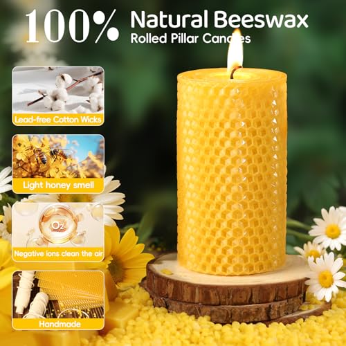 Image of Beeswax Pillar Candles,Non-Toxic Honeycomb Bees Wax Candle for Home,Yellow | 2x4 inch,3 Pack,60 H long clean Burning,100% Pure,natural unscented,smokeless,candle for home,emergency,prayer,dinner