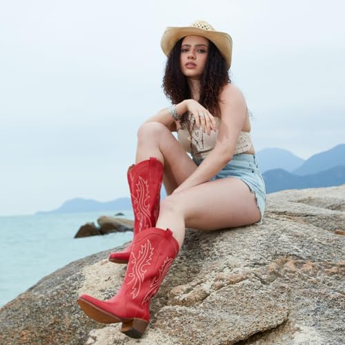 Image of IUV Cowboy Boots For Women Western Cowgirl Boots Mid Calf Snip Toe | Chunky Heel Ideal for low insteps