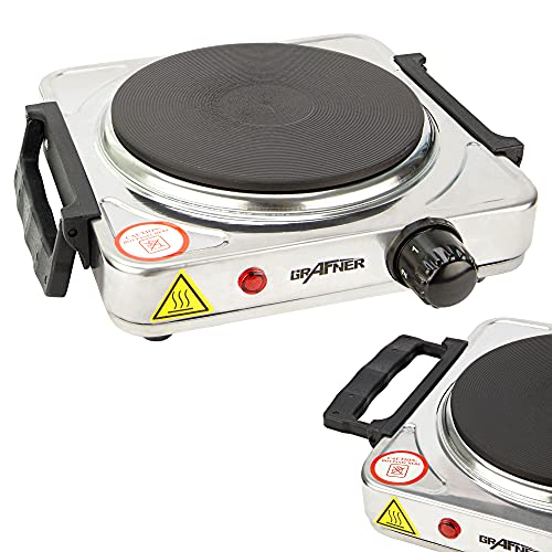 Grafner Edelstahl Kochplatte mit klappbaren Griffen, 1000 Watt, 1 Massekochfeld mit 1x Ø 155 mm, stufenlose Temperatureinstellung, robustes Edelstahl-Gehäuse, Kochfeld Herdplatte Campingkocher silber