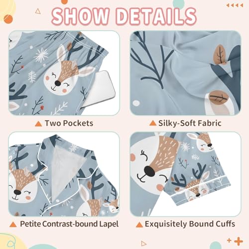 senya Deer Cute Smile Face Satin Summer Pajama Sets Silk Short Sleeve Button Down Sleepwear3