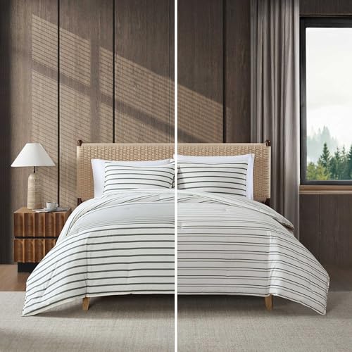 Image of Eddie Bauer - Twin Comforter Set, Cotton Bedding with Matching Sham, Two-Piece Back Closure, Dorm Essentials (Cooper Stripe Green)