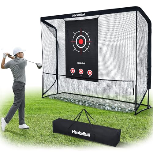 Haokelball Golf Hitting Net For Backyard, 10X8Ft Driving Real Balls Practice Nets For Indoor Outdoor Use, Heavy Duty Netting With Side Barriers, Impact Target Cloth And Carry Bag