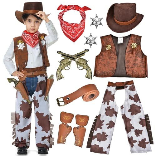 BuzzoXerex Disfraz Vaquero Niño, 11 Piezas Disfraz Cowboy Costume Niño con Sombrero Vaquero, Pañuelo Vaquero, Cinturón, Insignias para Carnaval, Fiesta Cosplay (A, S)