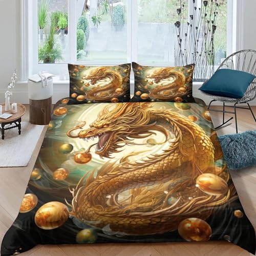 布団カバー シングル ドラゴン 寝具カバーセット 枕カバー ベッド 金 掛け布団カバー は プリントデザイン 羽毛布団カバーセット優しい肌触り マイクロファイバー 柔らかい 通気性 (150X210cm)