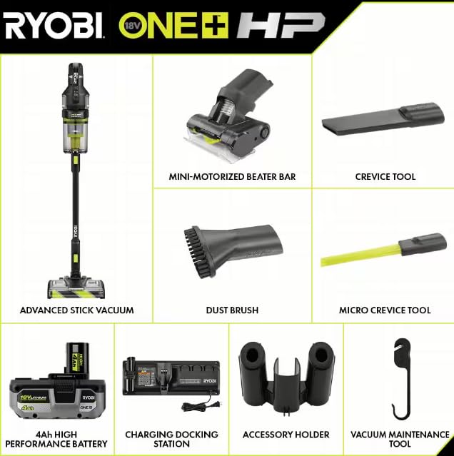 RYOBI ONE+ HP 18V Brushless Cordless Advanced Whisper Series Stick Vacuum Kit with 4.0 Ah Battery and Charger