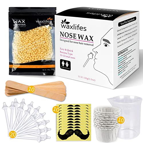 Nose Wax Kit de cire pour le nez pour hommes et femmes, 100 g de cire pour les poils du nez, 20 applicateurs à pointe sûre, 10 applicateurs en bois, 10 récipients et 10 pochoirs à moustache Cover