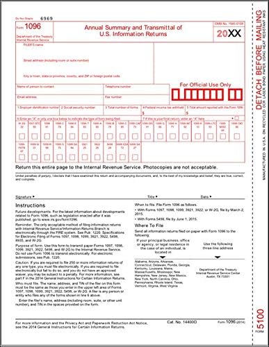 IRS Approved 1096 Laser Transmittal/Summary Red Form - 5 Pack