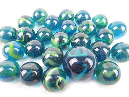 Big Game Toys~25 Glass Marbles Ocean Tide Blue/Green Translucent Swirl Classic Style Game Pack (24 Player, 1 Shooter) Decor/Vase Filler/Aquarium