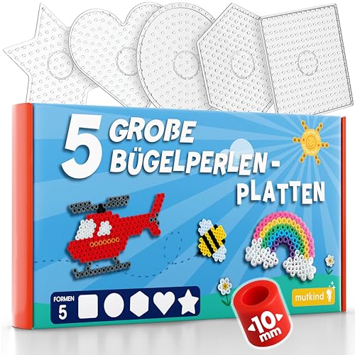 MUTKIND 5x Bügelperlen Platten Groß 10mm [5 Tolle Formen] - Steckplatten Set mit Herz Stern Rund Viereck Sechseck Form - Geschenk für Kinder ab 3 Jahren - Inkl. 50 kreativen Vorlagen zum Download