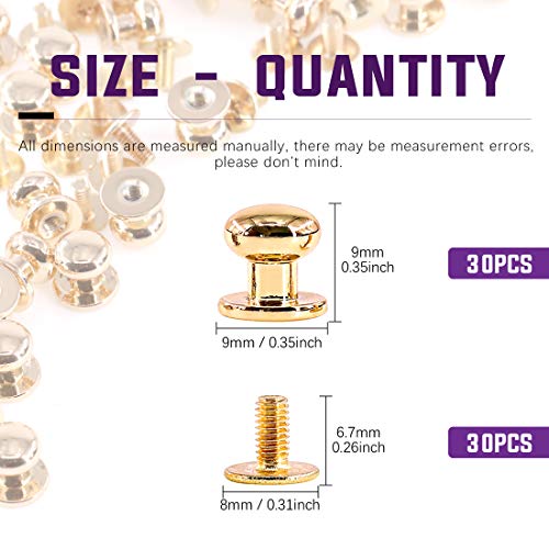 Swpeet 30Sets Gold 8x10x10mm Chicago Screws Round Head Button Stud Slotted Screws Nail Rivet Leather Rivets Craft Belt for DIY Craft Leather Craft Repairs Decoration - Image 2