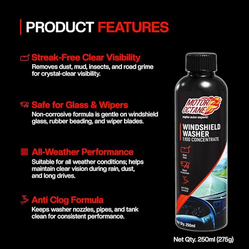 Image of Windshield Washer Fluid for Car| 10ml Dilution per 1L Water | 250ml (275g) | Streak-Free Glass Cleaning | Removes Dust, Bugs & Road Grime | Safe for Wiper Blades & Car Glass