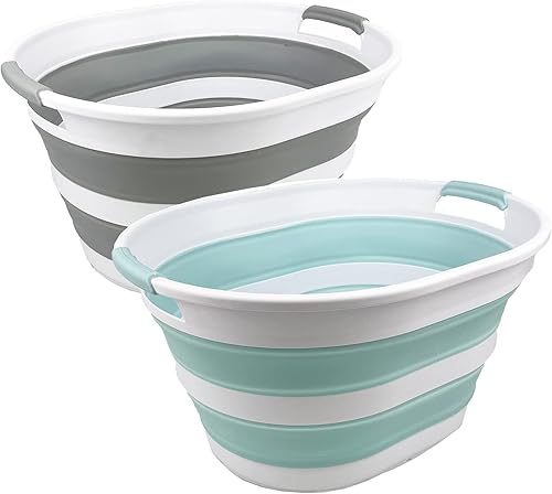 Miniatura 10 de SAMMART Juego de 2 cestas plegables de plástico para la ropa sucia de 23 litros (6 galones), tina ovalada, contenedor de almacenamiento plegable,