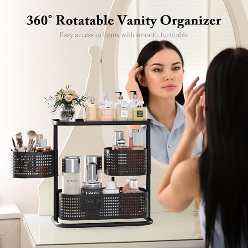 Image of 3 Tier Bathroom Counter Organizer, Rotating Countertop Vanity Storage Cabinet with Standing Shelf, Cosmetic Holder for Skincare & Makeup, Kitchen Spice Rack, Bedroom Nightstand Organizer, Black