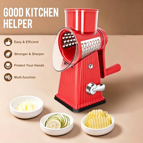 Image of Rotary Cheese Grater with 5 Well-designed Blades & Strong Suction Base, Kitchen Mandoline Vegetable Slicer with Blade Storage Box (RED)