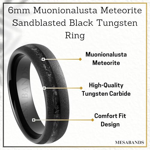 Men's Wedding Ring 6mm Black Sandblasted Tungsten Meteorite Inlay – Comfort Fit Mens Wedding Band with Antique Wooden Ring Box2