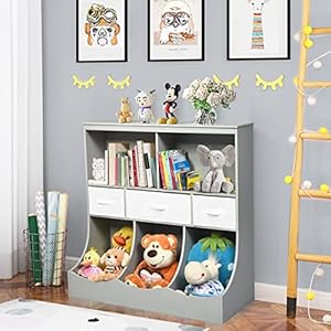 Honey joy kids toy storage organizer with bookcase 8 cubby organization storage cabinet wdisplay shelf 3 removable fabric bins wooden toy storage unit for playroom nursery daycaregray  urban country home decor