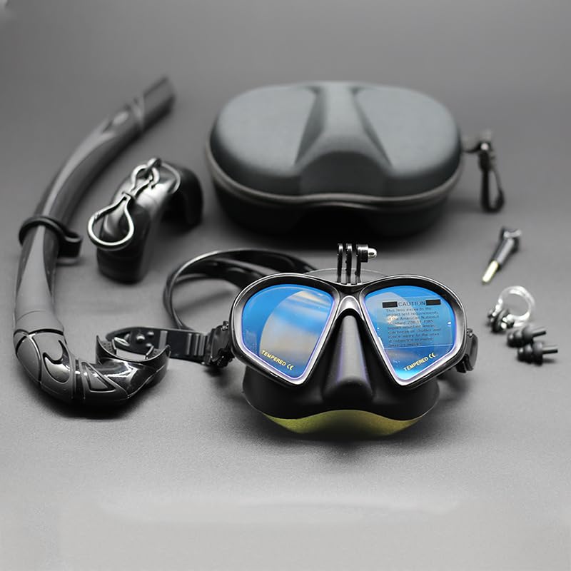 Wet Low Volume Snorkeling Mask Anti-Leak Tempered Glass Freedive Mask J-Type Diving Mask Snorkel Set with Camera Mount