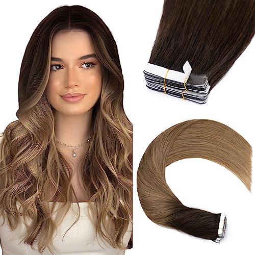 Elailite Extensiones Adhesivas Pelo Natural 20 Piezas 50g sin Clip Tape Invisible in Cabello Humano Liso Largas 40cm #2T6 Marrón Oscuro Dye Marrón Claro
