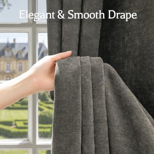 Image of Chenille 100% Blackout Curtains 90 Inches Long for Bedroom, Warm Grey