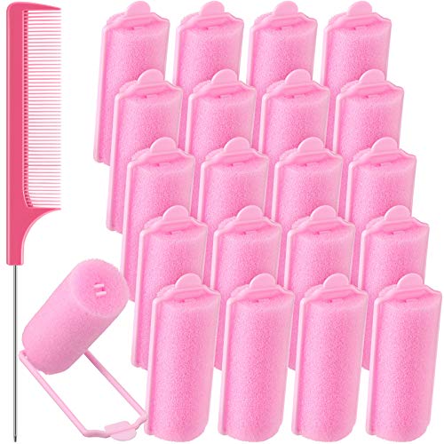 21 Pieces Foam Sponge Hair Rollers Set Include 20 Soft Sponge Hair Roller Flexible Hair Styling Curler Pink Hair Rollers and Rat Tail Comb with Stainless Steel Pintail for Hair Styling, 0.98 Inch