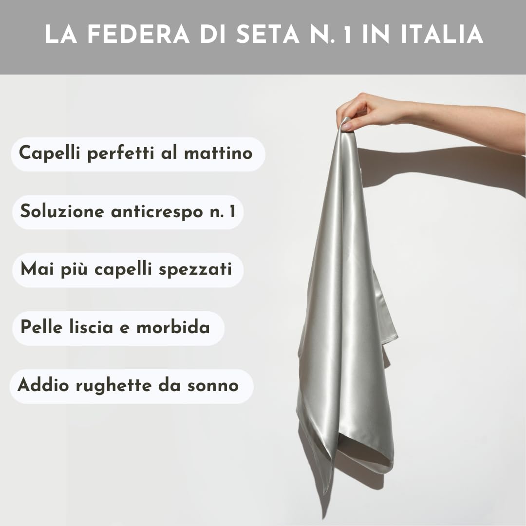 OFFTOPIC Federa 100% Seta Anticrespo e Antirughe, Federe in Seta 22 Momme Certificata OekoTex Antibatterica, Fodere Cuscini Letto Idea Regalo Perfetta, Chiusura Senza Zip 50x75 Grigia