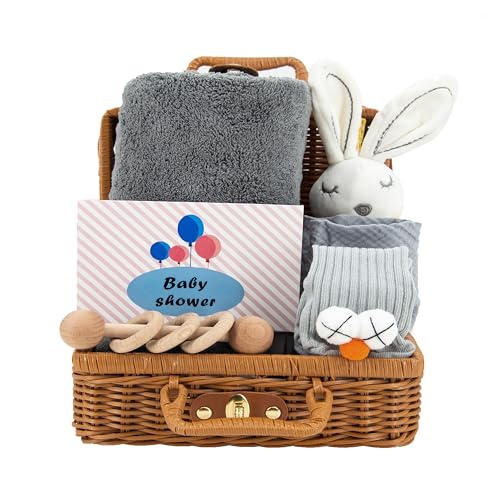 7 in 1 Set de Regalo para Bebé Recién Nacido, Niños Niñas Personalizados Cesta para Baby Shower, con Bebe Muselina, Babero Bandana, Sonajero, Toalla de baño, Manta de seguridad, Calcetines, Gris