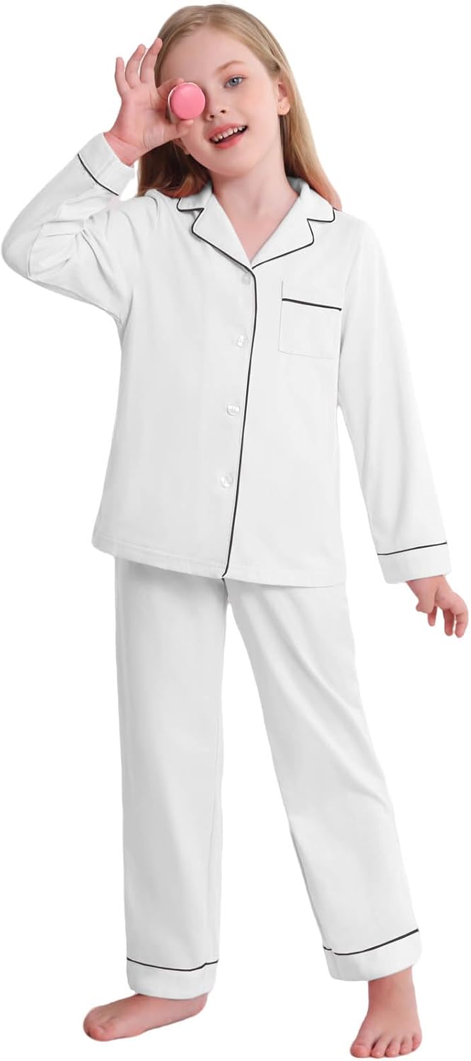 Veseacky Unisex Girls Boys Pajamas Long Sleeve Sleepwear Button-Down 2 Pcs Pjs Set for 5-14 Years Long-white 11-12 Years