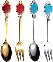 Hemoton Conjunto vintage com 4 peças de colher de sobremesa e garfo de aço inoxidável, aperitivo, bolo, garfos de frutas, café, café expresso, colher de mistura de chá, talheres decorativos, vermelho/azul