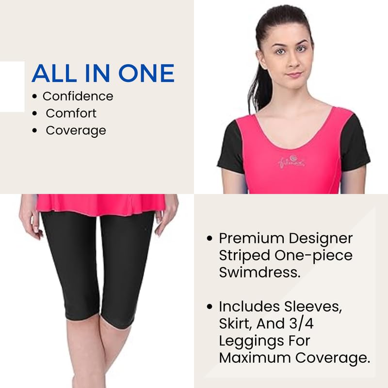 Image of Originals Swimming Costume for Women's One-Piece Beach Wear with Sleeve & Skirted 3 /4 Leggings Maximum Covered Swim Wear Dress (L - 7XL)