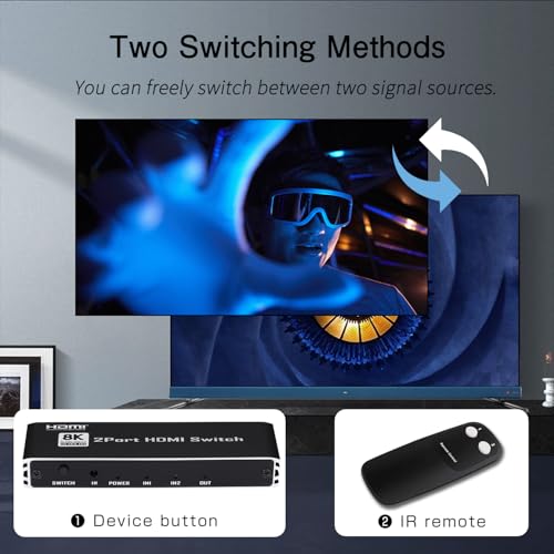 Image of Enbuer 8K HDMI 2.1 Switch, HDMI 2.1 Switcher 2 in 1 Out, Supports 8K@60Hz, 4K@144Hz, 4K@120Hz, 1080P@240Hz, HDCP 2.3, HDR, 3D, Dolby Compatible with PS5 Xbox Blu-Ray Player etc
