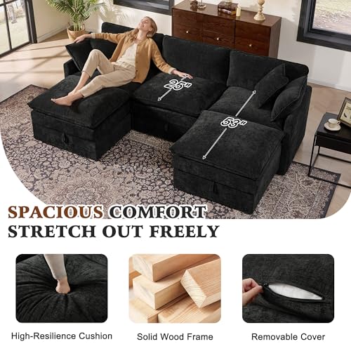 Image of Ihanherry 103 inch Modular Sectional Sofa with Storage, U Shaped Cloud Couch with Movable Ottomans & 4 Pillows, Chenille Deep Seat Sectional Couches for Living Room, Apartment (Black)