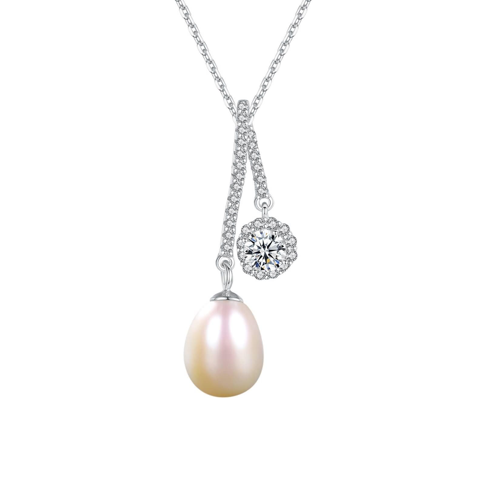 Donna Collana Catenina Bianco,Collana Argento Sterling 925 con Ciondoli Perla con Zirconia Cubica Donna Catena Collana Bianco