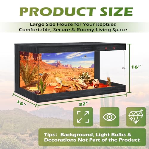Image of ROYXEN Reptile Enclosure,36 Gallons Reptile Tank with Wooden Top and Lockable Design,Tempered Glass Bearded Dragon Tank for Lizard Gecko Habitat (Black,32 inch Length)