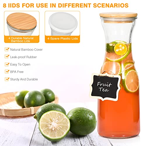 Glass Carafe Pitchers, Beverage Dispensers With Bamboo Lids And Tags, Clear Jugs For Mimosa Bar, Wine, Iced Tea, Lemonade, Milk And Juice, 35 Oz, Set Of 4 #TOP1