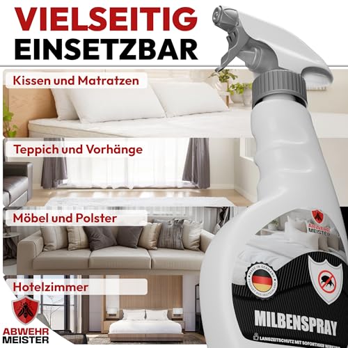 ABWEHR MEISTER Milbenspray für Matratzen & Polster 500 ml, effektives Abwehrmittel gegen Hausstaubmilben, giftfrei, laborgeprüft, Made in Germany (PT19)