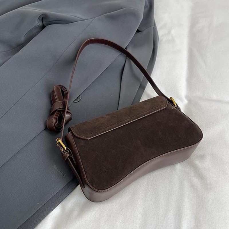 Women's Shoulder Bag Suede Handbag Underarm Purse Tote Bag Brown Suede Purse Y2K Crossbody Bag with 2 Removable Straps4