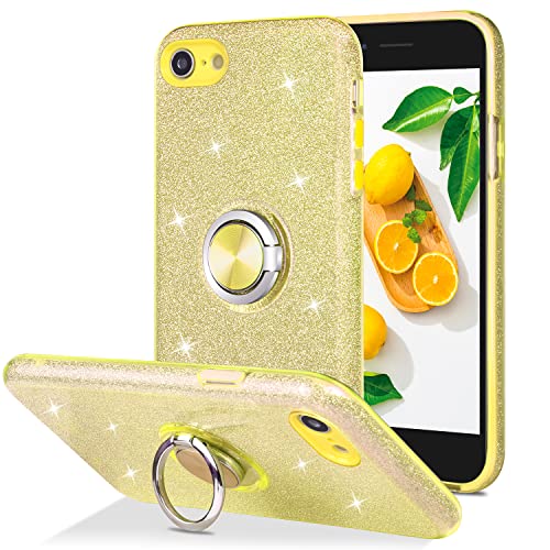Wisdompro Case for iPhone SE 2022/2020, for iPhone 8, for iPhone 7, Cute Glitter Bling Sparkly Case with Ring Stand, Women Girls Protective Phone Case Cover for iPhone SE 3rd Gen /2nd Gen/8/7 - Gold