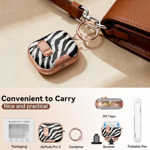 Image of for AirPod Pro 3 Case 2025, with Safty Lock & Phone Stand for Floral AirPod Pro 3 Generation Case Cover for Women Girly, iPod Pro 3 Cases with Keychain & Cleaner Kit -Black+ White Zebra